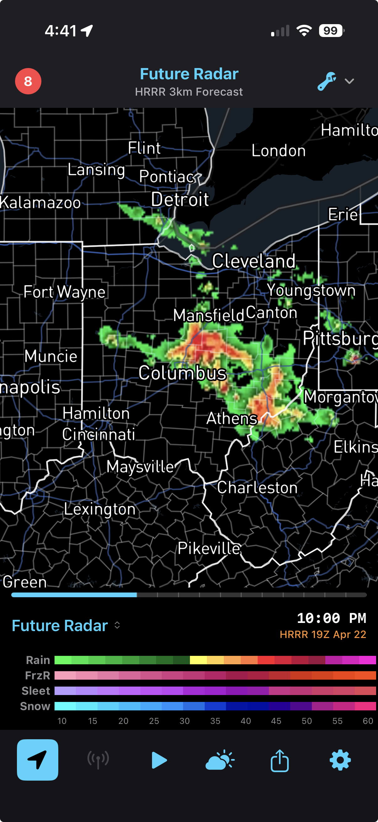 RadarCast Future Radar view — an HRRR 3km forecast showing precipitation across Ohio and western Pennsylvania, with a multi-ramp legend for rain, freezing rain, sleet, and snow.